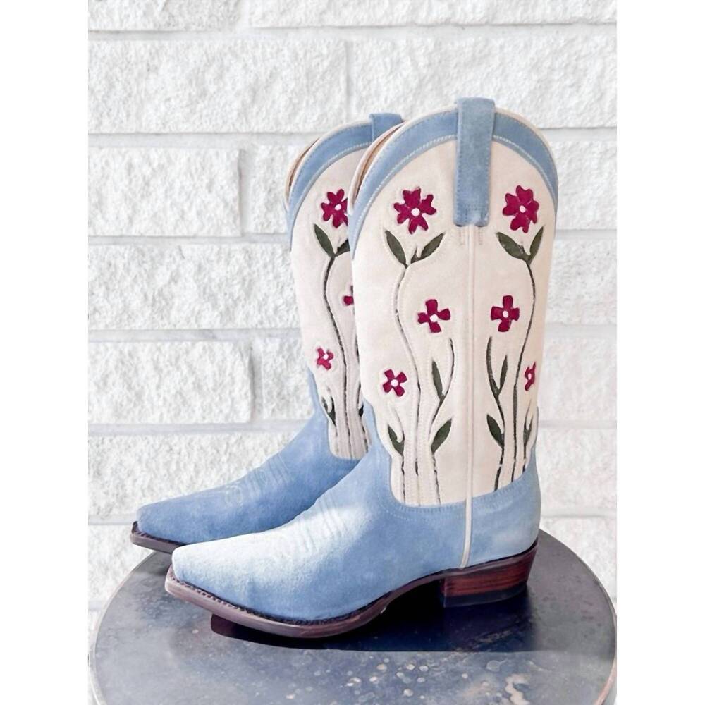 NEW THE GREAT. women's cowboy boots in washed indigo floral